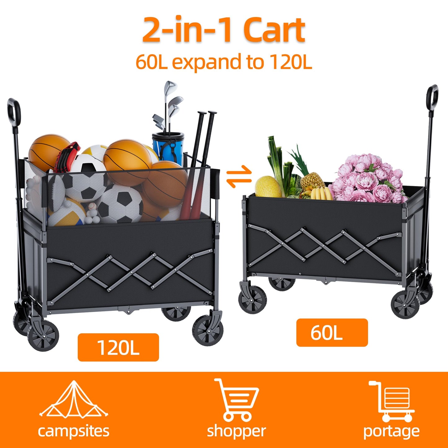 Festival Trolley on Wheels Utility Collapsible Wagon Cart Adjustable Handle for Shoppings Campings Gardenings and Outdoor Sports 120L Capacity