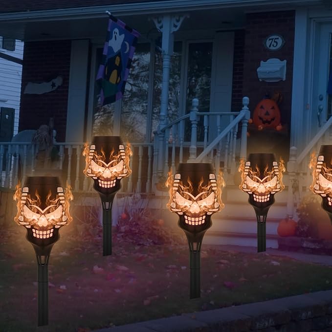 Solar Halloween Decorations Outdoor, 8 Pack Spooky Skulls Solar Torch Flame Lights, Waterproof Pathway Halloween Lights for Garden, Yard, Lawn, Porch, Landscape Decor, Orange