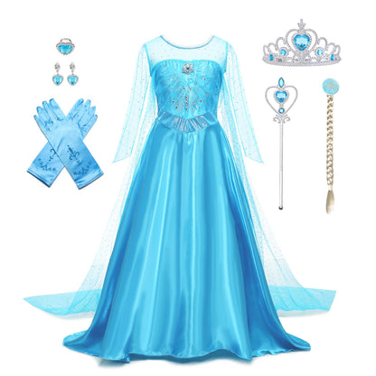 AHLPO Elsa Dress for Girls Princess Dress Up Halloween Cosplay Elsa Costume Fancy Dress Birthday Outfit with Accessories