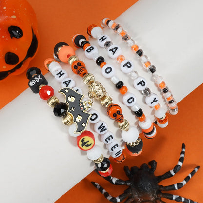 Twinfree 4 Sets Halloween Stretch Bracelets for Women, Pumpkin Ghost Cat Bat Design Beaded Bracelet