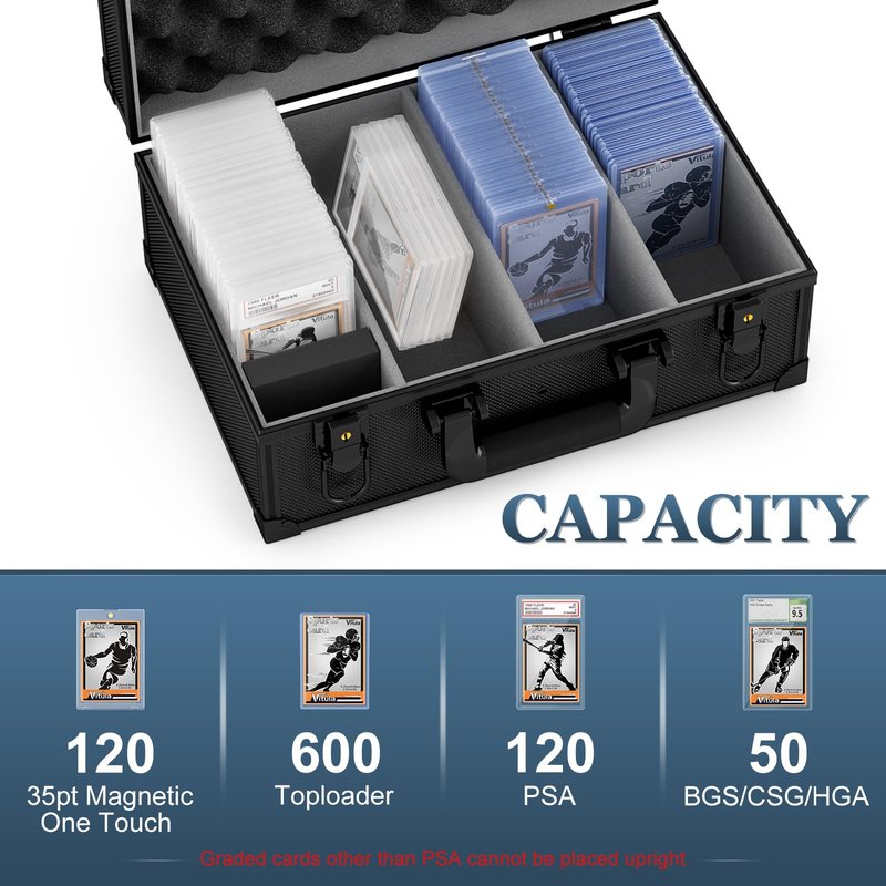 Vitula Card Case Fits for 600 Toploaders or 120 PSA Slabs or 120 Magnetic Card Holders, Trading Cards Storage Box Fits for TCG, Sports Cards, PSA Graded Slabs, Lockable Sports Cards Case (L, Black)