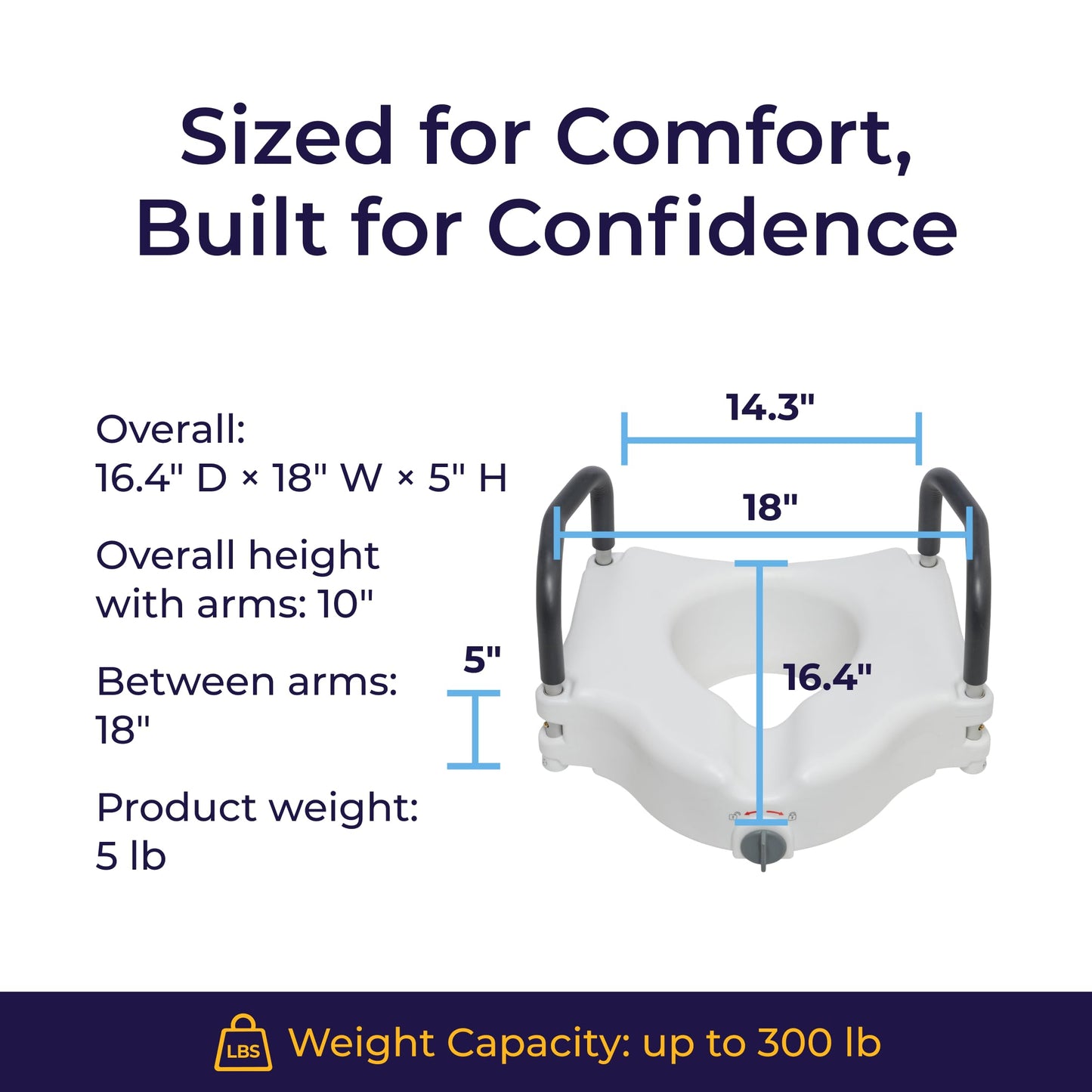 Drive Medical 2-in-1 Raised Toilet Seat with Removable Padded Arms - Elevated Bathroom Safety Support - Secure Locking Attachment - Easy Height Assistance - Durable Construction, Standard Toilets