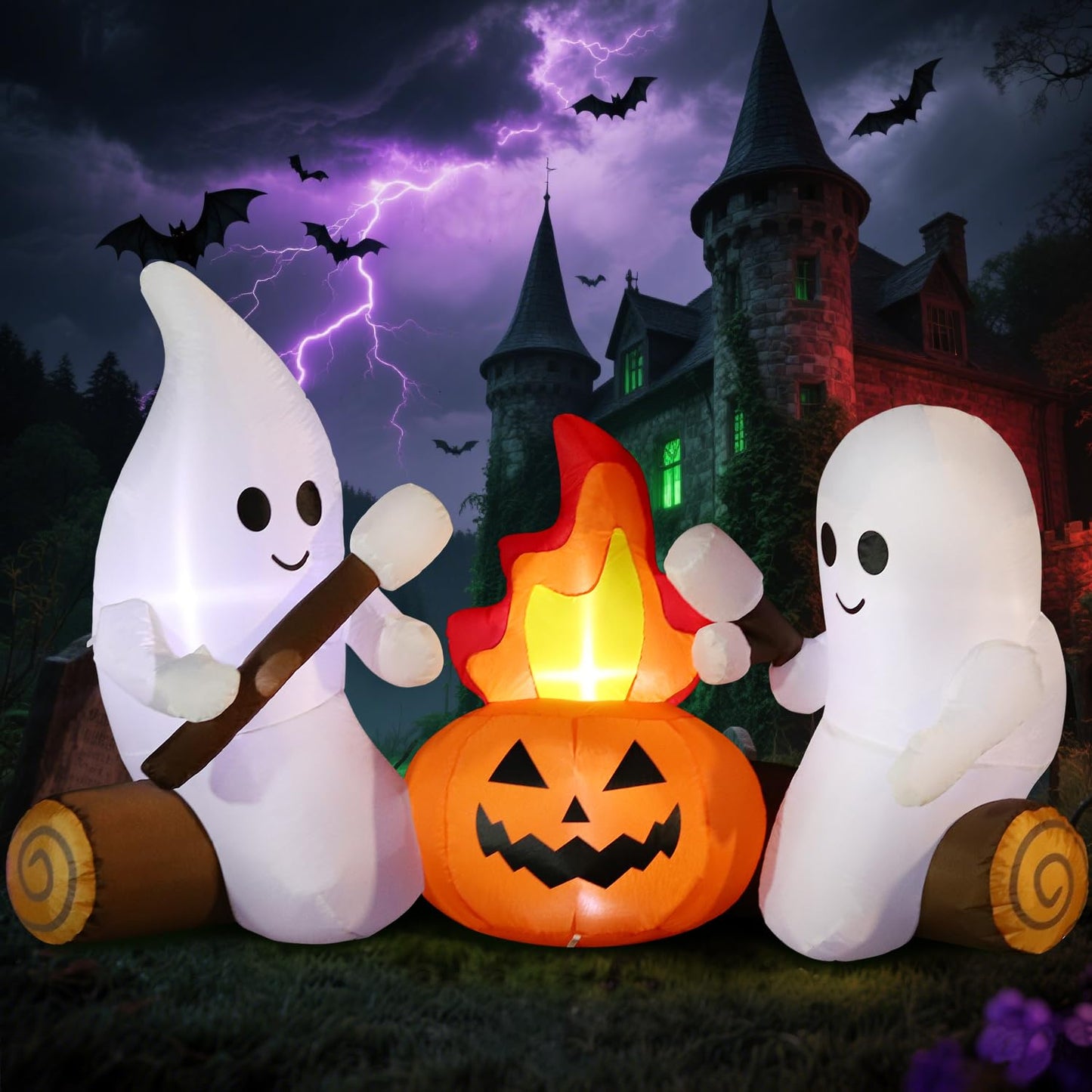 DomKom 6FT Halloween Inflatable Blow Up Decorations, Cute Ghosts Roasting Marshmallows Over Campfire, Built-in LEDs for Holiday Party, Garden, Lawn, Yard, Patio Décor