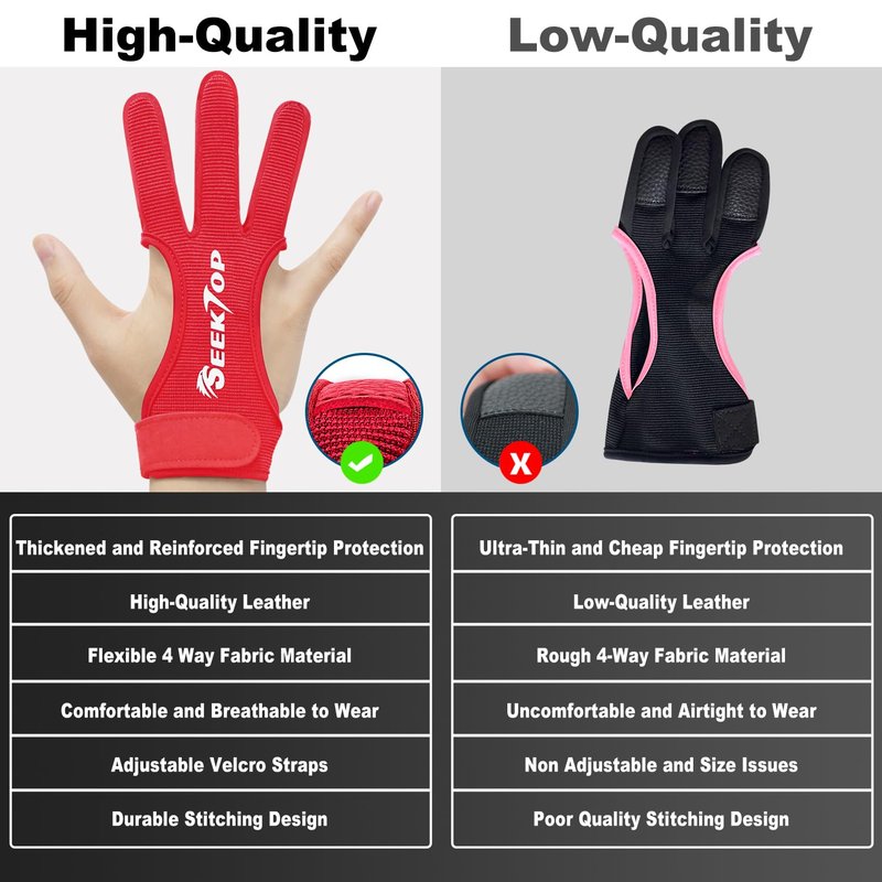 Seektop Archery Gloves Shooting Hunting Leather Three Finger Protector for Youth Adult Beginner (Red, S)