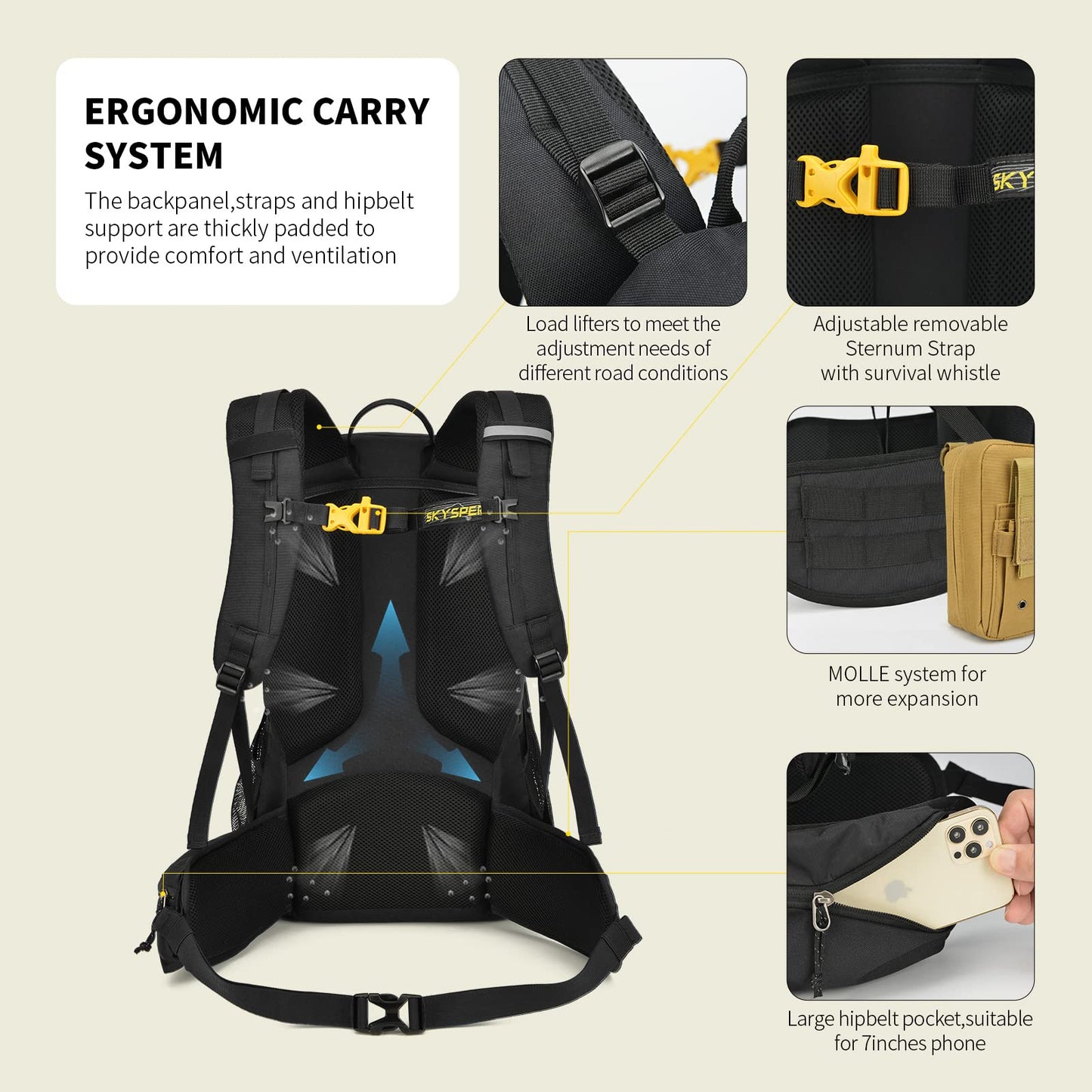 SKYSPER Rucksack 35L Hiking Backpack, Lightweight Travel Backpack Camping Trekking Backpack for Men Women