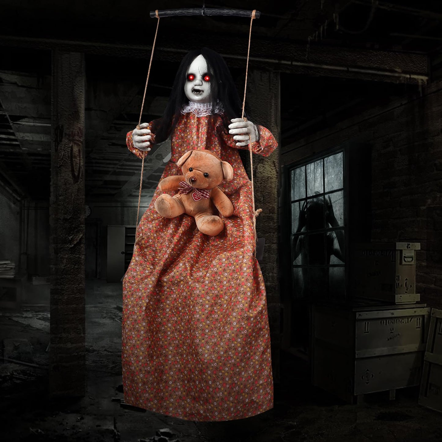 3.75 Ft Halloween Decorations Animatronics Hanging Swinging Girl with Creepy Sound/Light Up Eyes/Scary Expression, Creepy Doll Hanging Ghosts Haunted House Holiday Decor Prop for Indoor Outdoor