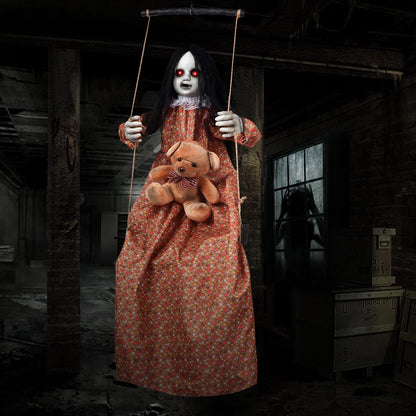 3.75 Ft Halloween Decorations Animatronics Hanging Swinging Girl with Creepy Sound/Light Up Eyes/Scary Expression, Creepy Doll Hanging Ghosts Haunted House Holiday Decor Prop for Indoor Outdoor