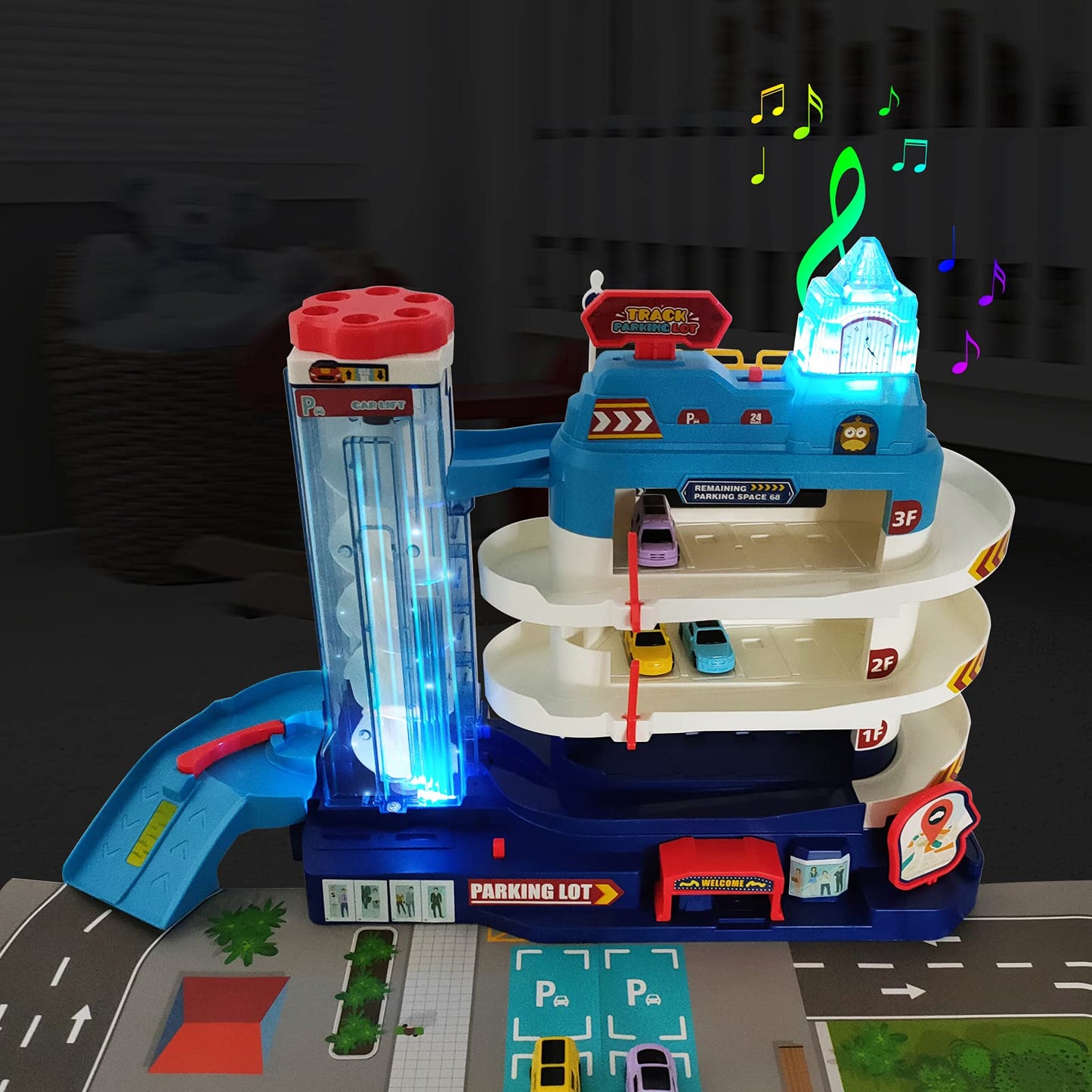 deAO Toy Car Garage Track Set with Music and Light Effects for Kids, 3-story Parking Building with Electric Elevator, Kids' Play Vehicle Garages for 3+ Years Old Boys Girls Christmas Birthday