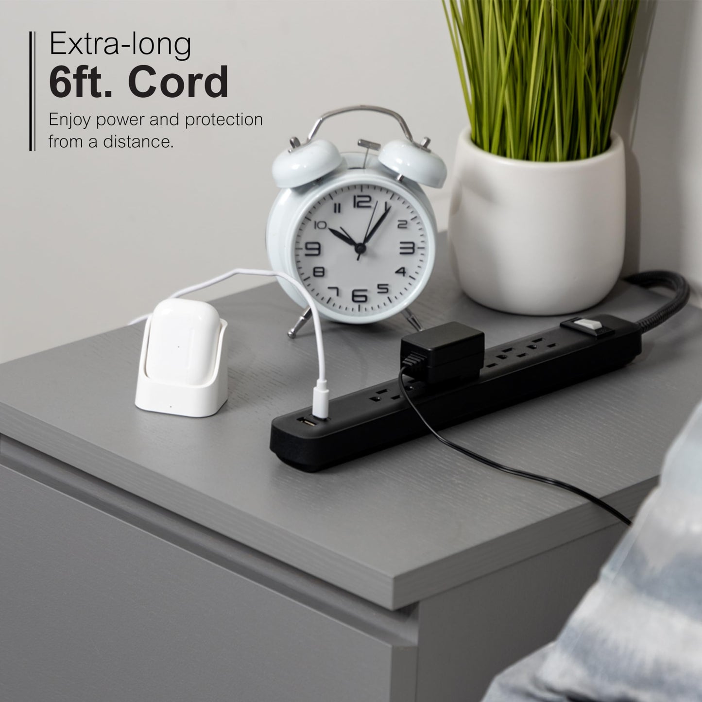 GE 6-Outlet Power Strip with USB, 1 USB-A, 1 USB-C, Outlet Extender, 6 Ft Braided Extension Cord, Flat Plug, Charging Station, Black, 82595