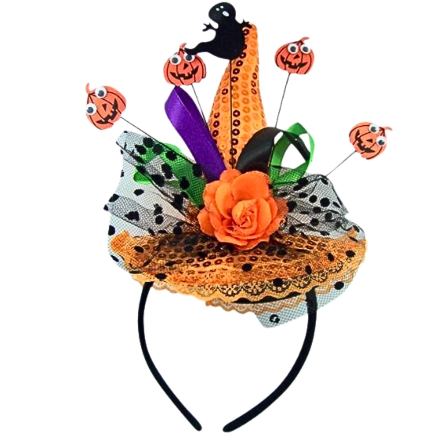 Needzo Ghost and Pumpkin Orange Sequins Witch Hat Halloween Headband