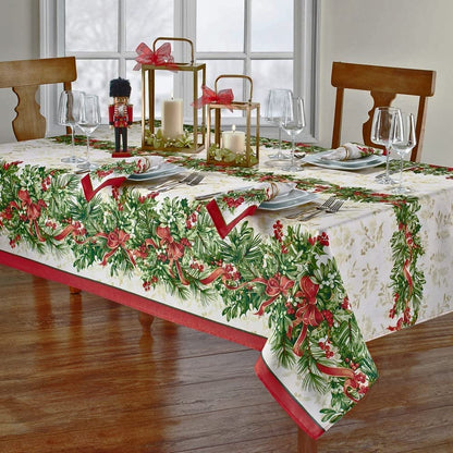 Newbridge Christmas Holly Ribbon Traditions Bordered 60 x 120 Inch Rectangle Fabric Tablecloth, Boughs of Holly and Berry Ribbon Garland Dining Table Cover for Holiday Party