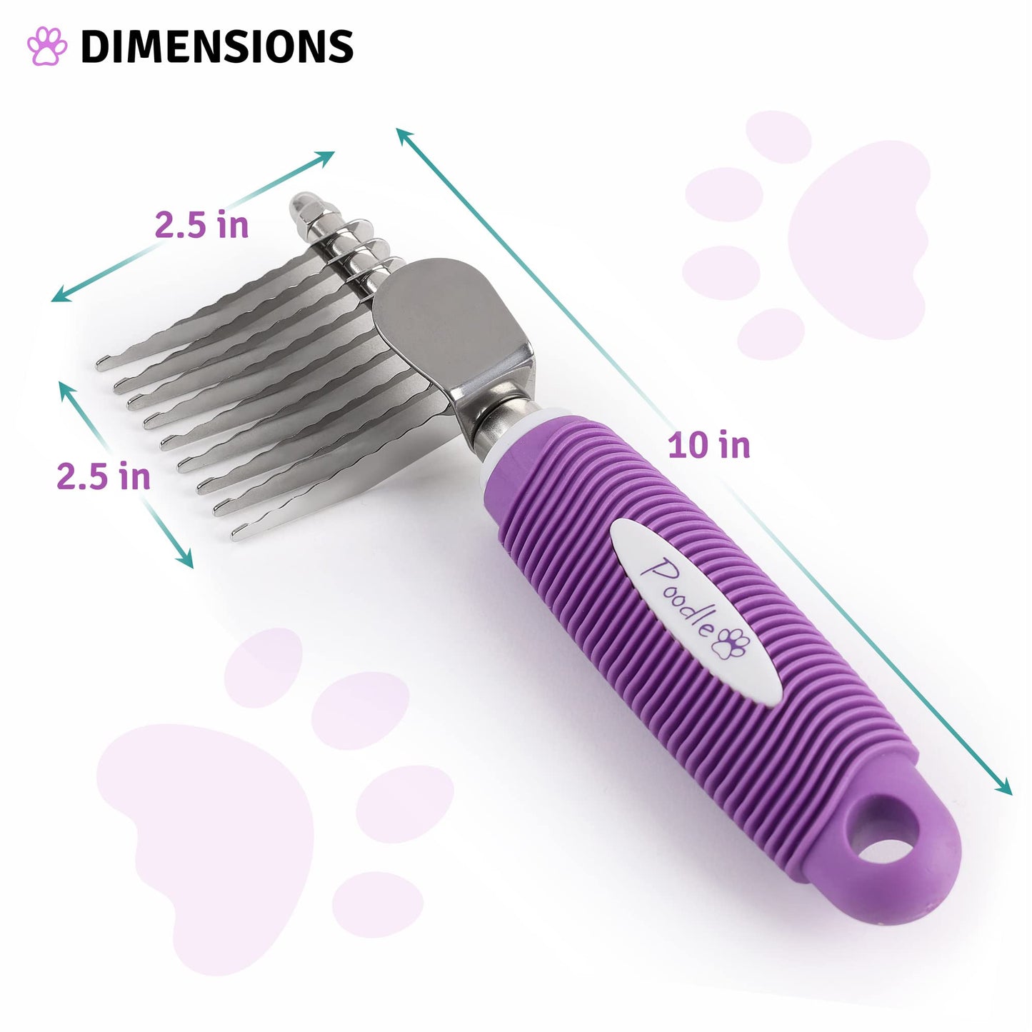 Poodle Pet Dematting Fur Rake Comb Brush Tool with Long 2.5” Steel Safety Blades for Detangling Matted or Knotted Undercoat Hair, Safe Grooming Accessories for Dogs, Longhaired Cats, Rabbits, Horses