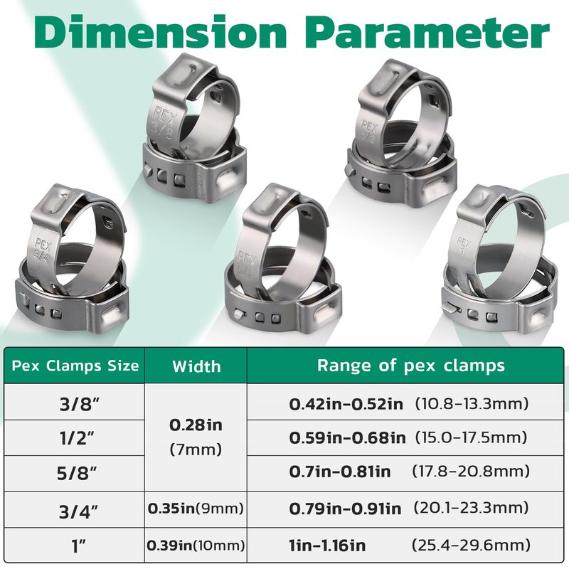 OURU 100PCS Pex Crimp Rings Assortment,304 Stainless Steel Pex Clamps 1/2",3/4" Single Ear Hose Clamps,Pex Cinch Clamps for Pex Fittings Pipe Tubing