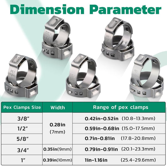 OURU 100PCS Pex Crimp Rings Assortment,304 Stainless Steel Pex Clamps 1/2",3/4" Single Ear Hose Clamps,Pex Cinch Clamps for Pex Fittings Pipe Tubing
