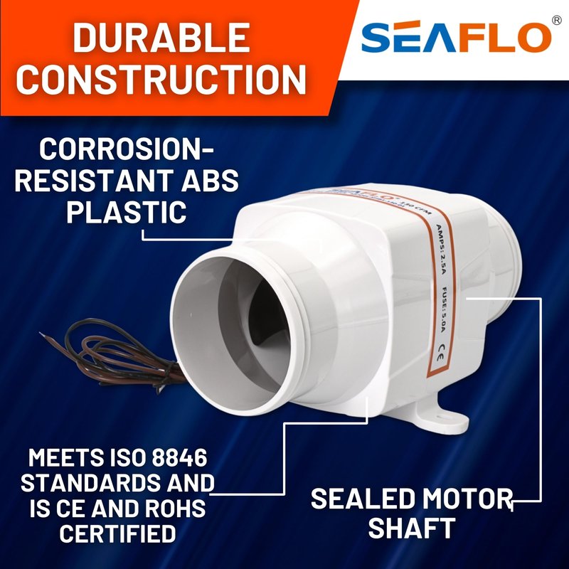 SEAFLO 3" In-Line Marine Bilge Air Blower - 12V, 130 CFM, 2.5A Max Draw, 4-Blade Fan, Ultra-Quiet Operation, White, 3 Inch for Yacht/Sailboat/Boat - ISO 8846, CE & RoHS Certified - 4-Year Warranty