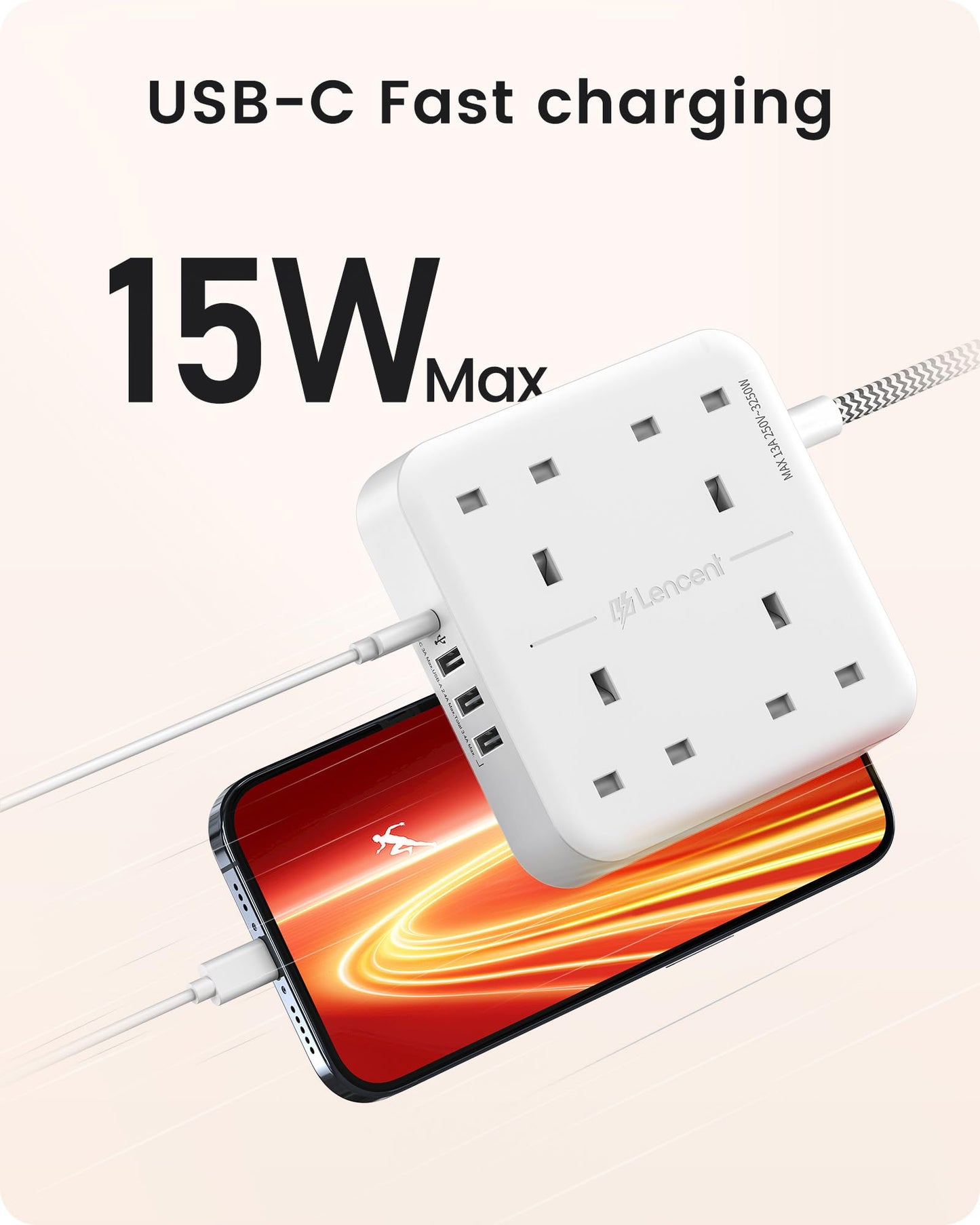 LENCENT Extension Lead with 4 Way Outlets, 3250W 13A Power Strip, 1.8M Braided Extension Cord, 1 USB-C and 3 USB Slots, Multi Power Plug Extension for Home and Office, White
