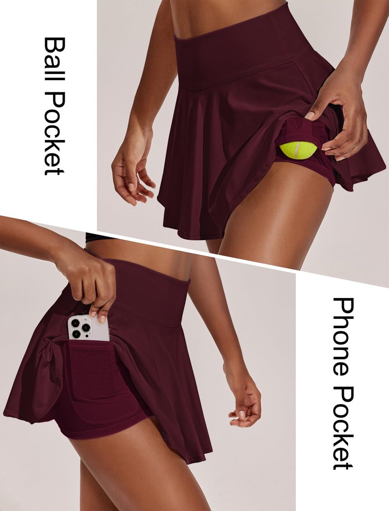 PINSPARK Tennis Skirts for Women High Waisted Athletic Golf Skorts with Pockets Shorts Quick Dry Pickleball Skirt, Red Merlot XXL