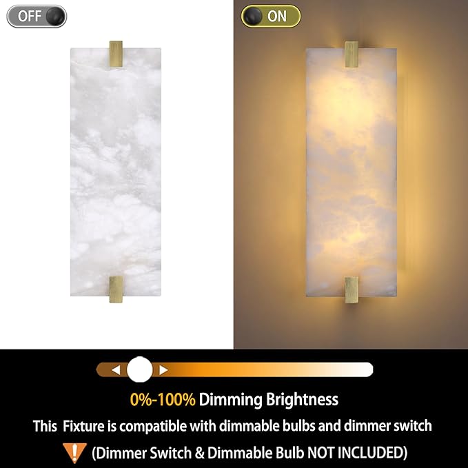 2 Pack 2 Light Square 14.7" Alabaster Marble Bathroom Wall Sconce Modern Concise Style Wall Light Fixture,Gold Finish for Bedroom Hallway Bedside