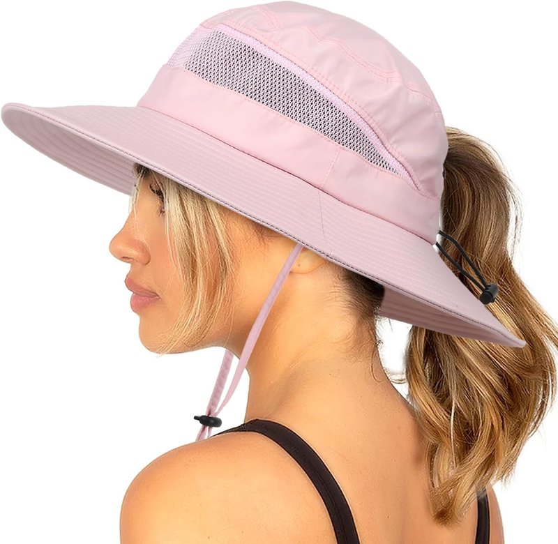Wide Brim Sun Hat for Women - Breathable Mesh UPF50+ Outdoor Safari Hat | Criss Cross Ponytail Hole