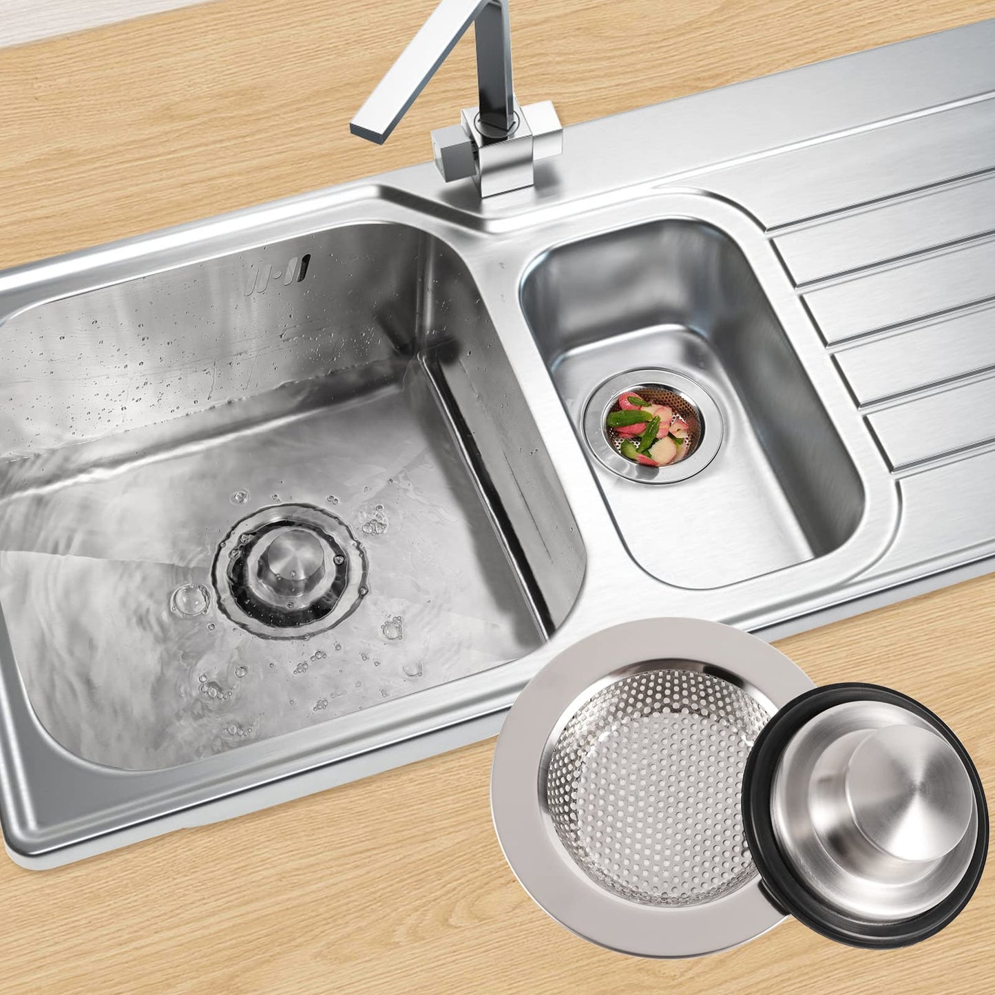 RQYEKDO Polished Kitchen Sink Strainers Sink Stopper Kits, Stainless Steel Sink Drain Strainer Set,Large Wide Rim 4.4" Diameter Food Catcher Garbage Disposal Plug for Most Sink Drains Basket Filter