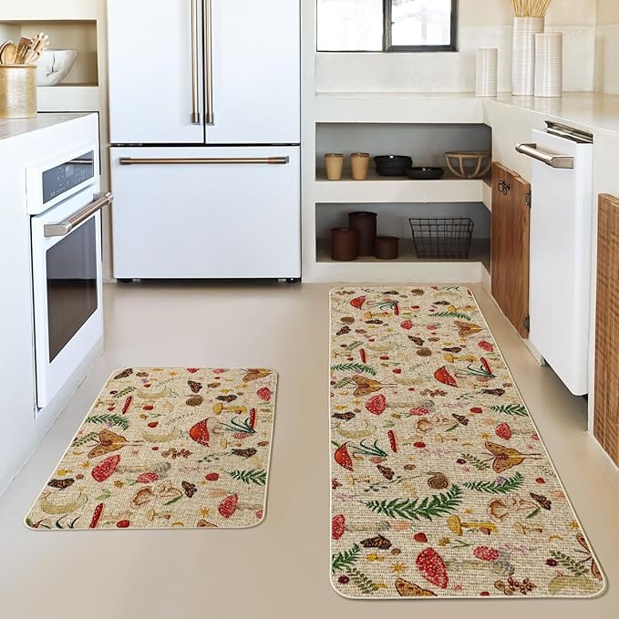 Artoid Mode Mushrooms Butterfly Spring Kitchen Mats Set of 2, Home Decor Low-Profile Kitchen Rugs for Floor - 17x29 and 17x59 Inch