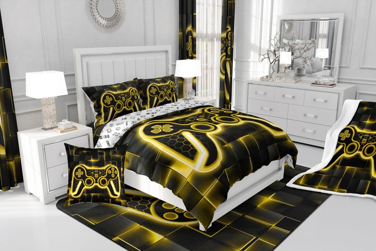 Feelyou Kids Gamer Area Rug 5x7 Yellow and Black Rugs for Living Room Bedroom for Boys Teens Decor Gaming Ombre Decorative Rug Set Geometric Square Indoor Floor Mat