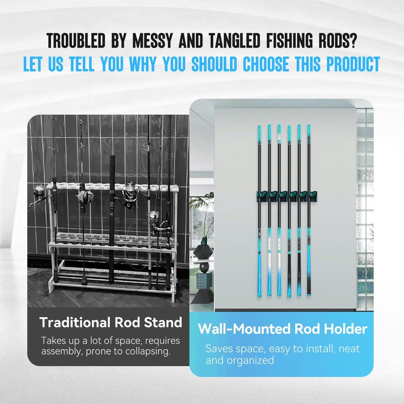 Tcakelox Vertical Fishing Rod Holder, Wall Mounted Fishing Rod Holder, Fishing Pole Rack Holds Up to 6 Rods or Combos, Fishing Rod Holders for Garage, Fits Most Rods of Diameter 3-19mm (1, Blue)