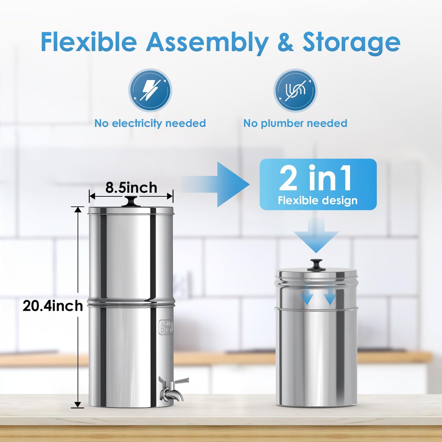 AQUA CREST Gravity Water Filter System, NSF/ANSI 42&372 Certified Black Carbon Filters, Reduce Lead and Up to 99% Chlorine, 2.25G, for Home, Camping, RVing, Off-Grid, Emergencies, AQ-TN-A