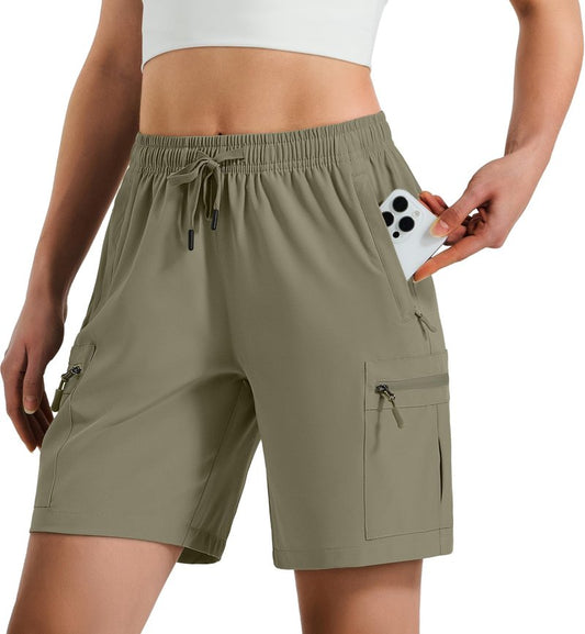Hugut Women's Lightweight Hiking Cargo Shorts Quick Dry Athletic Shorts Camping Travel Golf Zipper Pockets Water Resistant Slate Green
