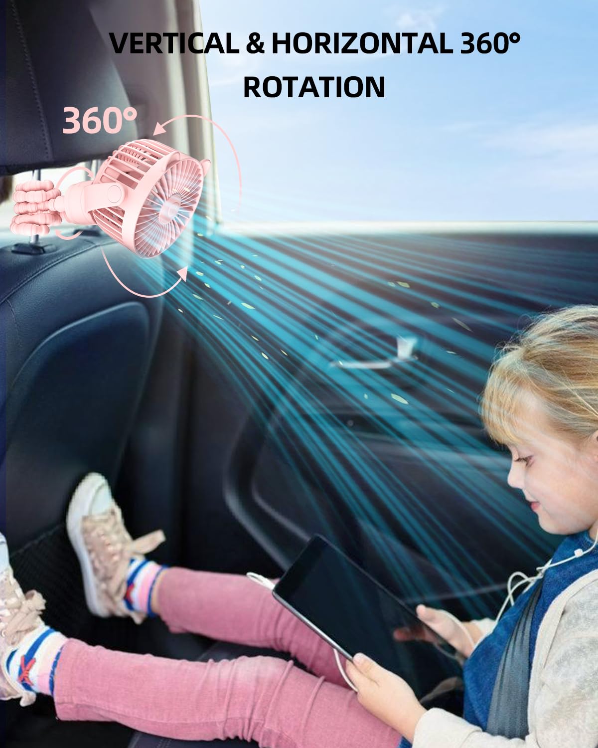 ASNUG Portable Mini Stroller Fan, Battery Operated Small Clip on, Detachable Flexible Tripod Baby Fan with 3 Speed, Rechargeable Personal Fan for Car Seat Crib Treadmill Travel