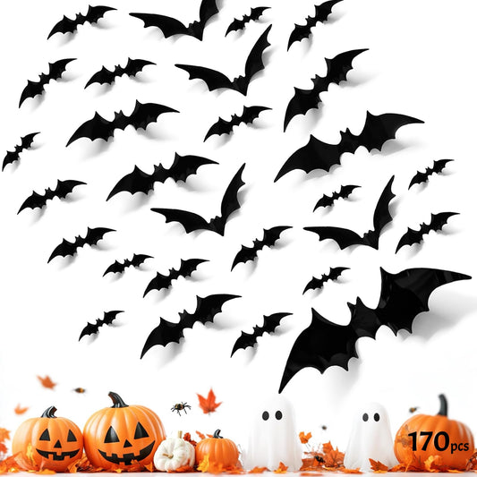 170Pcs 3D Bats Wall Decor, Bats Halloween Decorations, 6 Sizes PVC Bat Stickers Halloween Party Supplies for DIY Home Window Wall Decals Indoor Room Bathroom Door Decor with Double-Sided Foam Tape