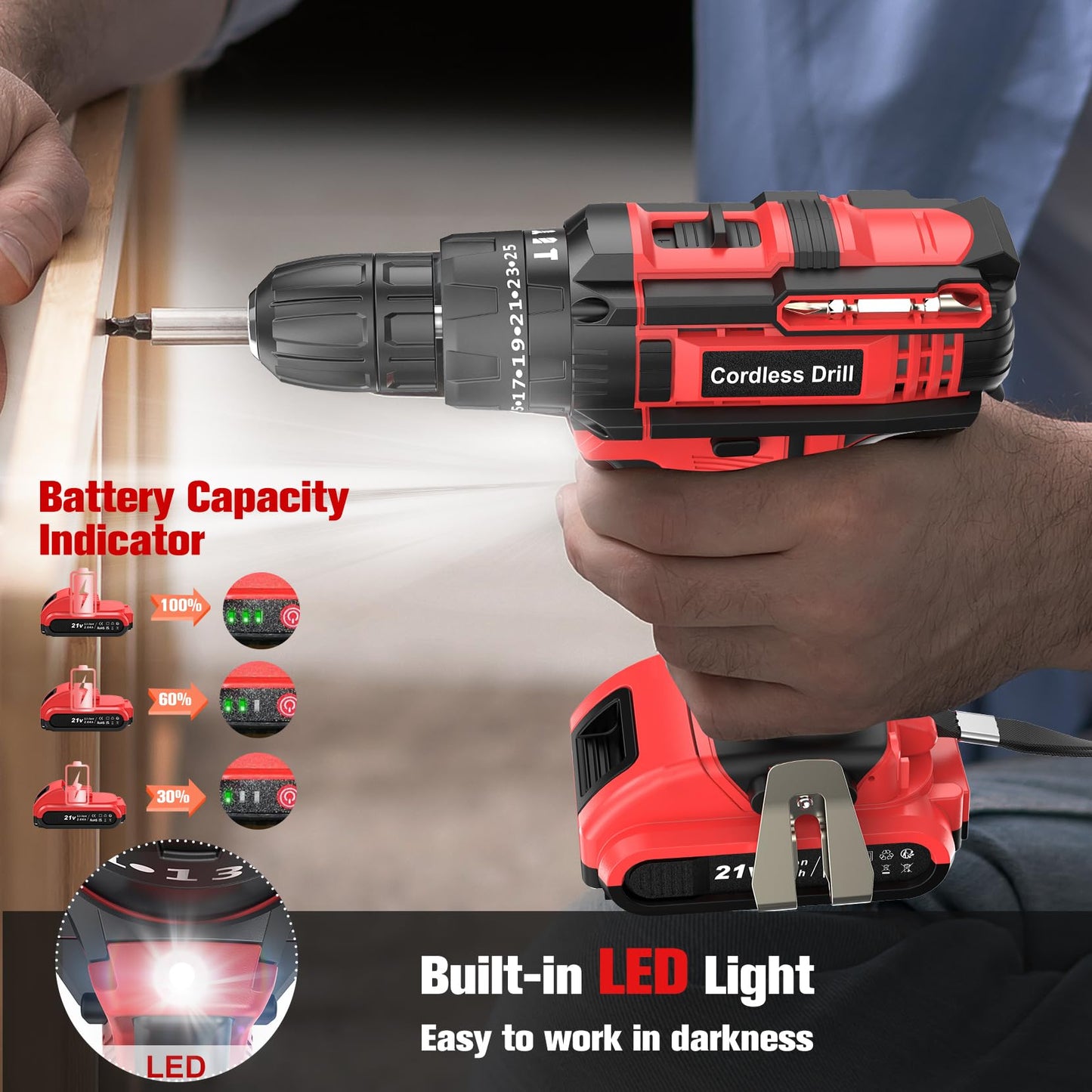 Cordless Drill Driver 21V, Cordless Hammer Drill with Battery 2000mAh, 25+3 Torque, 42N.m Max, 22PCS Accessories, 2 Speed, LED Light