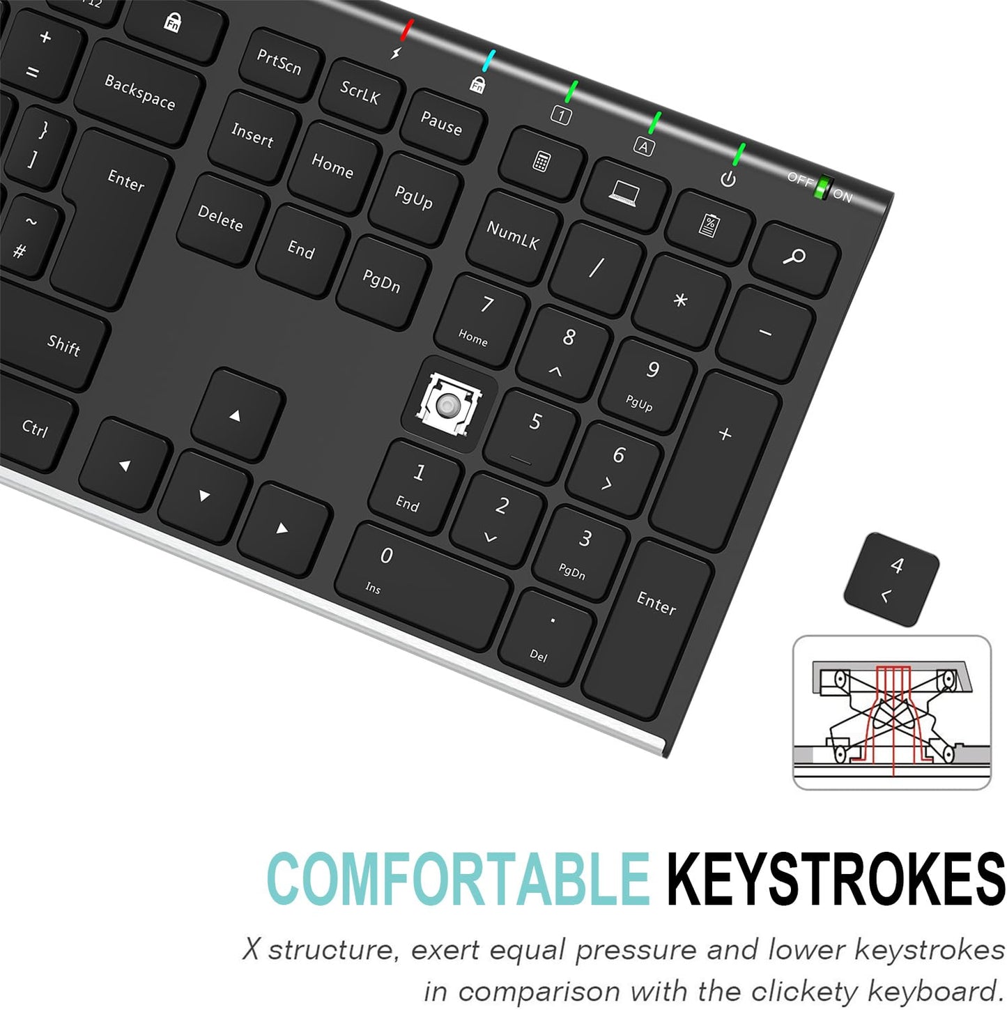 Arteck 2.4G Wireless Keyboard Stainless Steel Ultra Slim Full Size Keyboard with Numeric Keypad for Computer/Desktop/PC/Laptop/Surface/Smart TV and Windows 10/8/ 7 Built in Rechargeable Battery