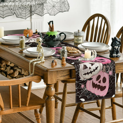 Artoid Mode Pink Pumpkins Spider Web Halloween Table Runner, Seasonal Fall Black Kitchen Dining Table Decoration for Home Party Decor 13x72 Inch