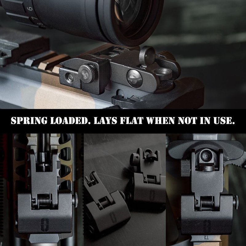 Chaos Ready | Flip Up Iron Sights - Spring Loaded Low Profile Back up Ironsights | Designed for Picatinny 1913 Pattern Rails | Co-Witness Front and Rear BUIS Combo Set |