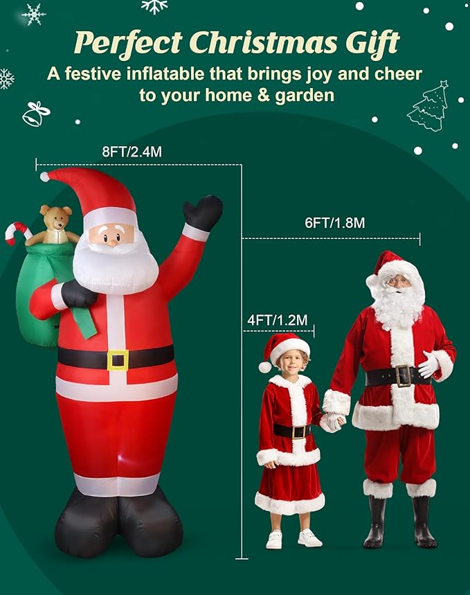 8 FT Christmas Inflatables Outdoor Decorations, Santa Claus with Candy and Gift Bag, LED Lighted Blow Up IP68 Weatherproof Standing Santa Xmas Indoor Outdoor Decor for Yard Garden Lawn Mall Party