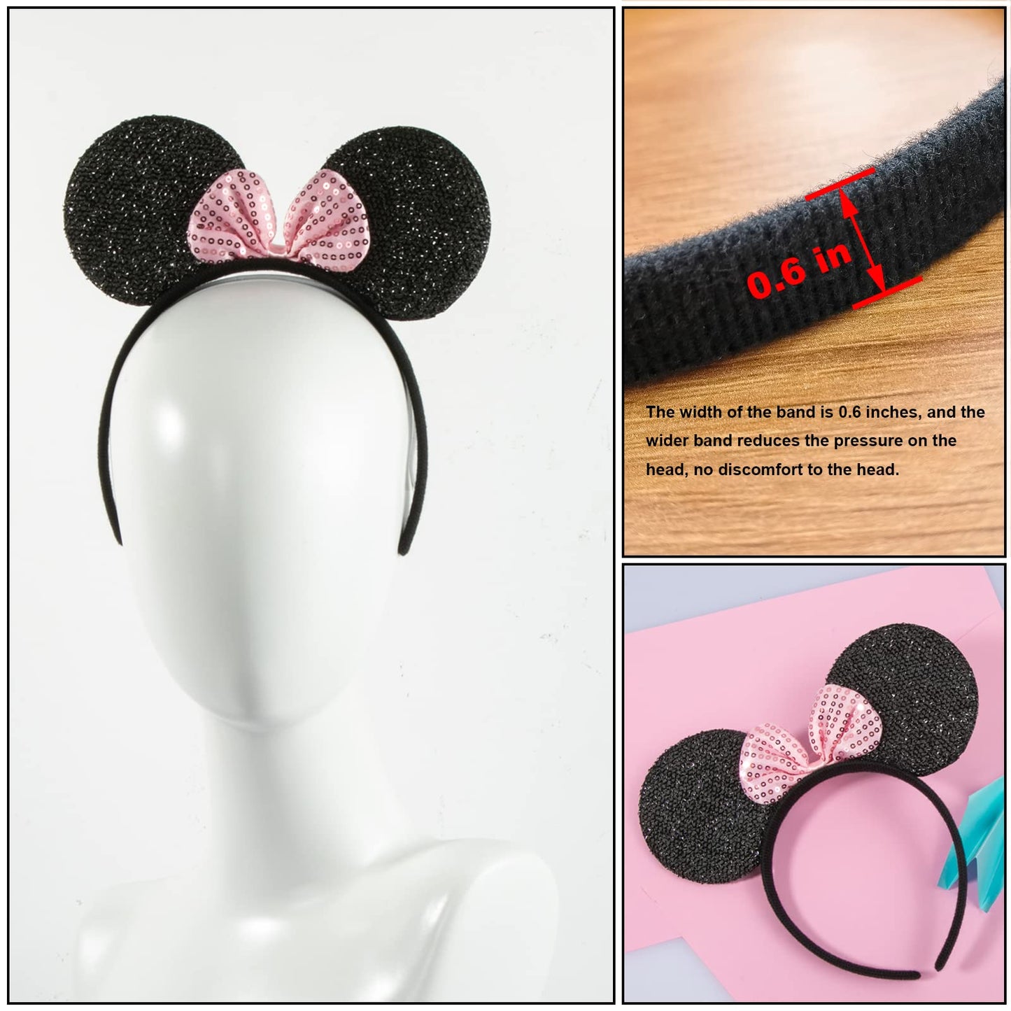 CHuangQi Mouse Ears Solid Black and Pink Sequins Bow, Set of 12