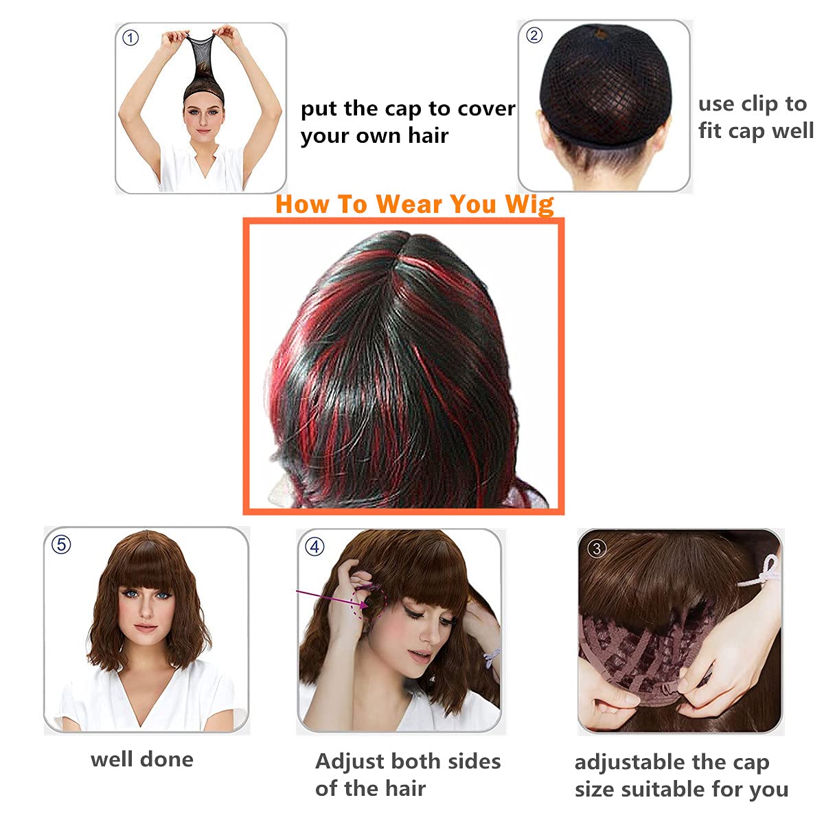 MeCamping Short Curly Wig with Bangs Synthetic Long Hair Wavy Red Mixed Black Wigs Party Cosplay Costume Halloween Wig Resistant Fiber Hair for Women Girls, 24 Inch (Pack of 1), Red mixed with black