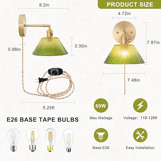 Plug in Wall Sconce, Vintage Sconce Light with Gradient Green Glass Lampshade, 180° Adjustable Wall Sconce with Switch and Plug in Wall Lamp Cord, Gold Wall Light for Bedroom Bedside