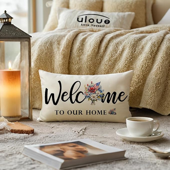 Patriotic Welcome Throw Pillow Covers 12 x 20 Inch Farmhouse Summer Holiday Decorative Lumbar Pillowcases Flowers Cushion Covers for Front Porch Decor Housewarming Gifts (Blue/Red)
