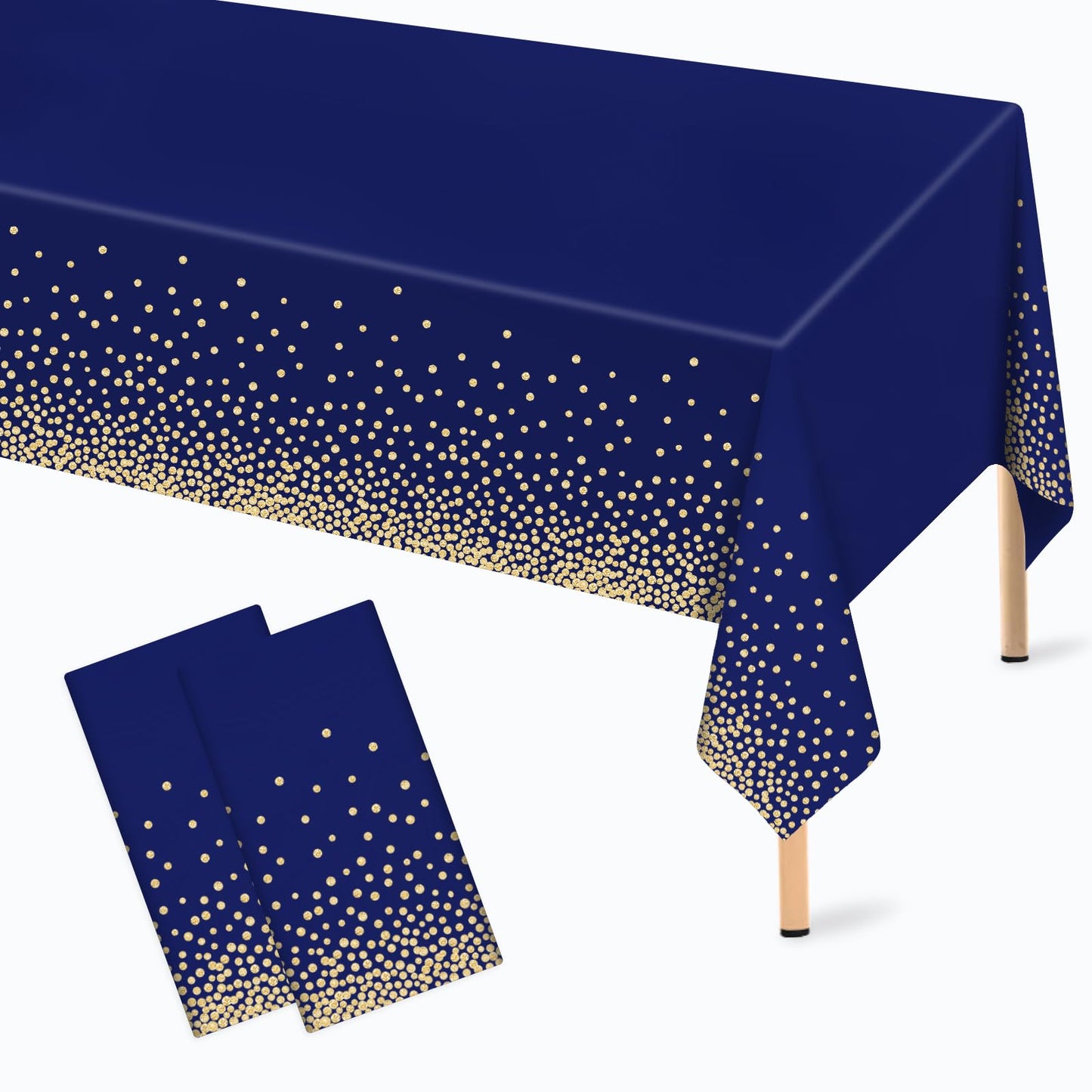2 Pcs Navy Blue and Gold Plastic Tablecloth for Rectangle Table, 54 × 108 inches Disposable Gold Dot Dark Blue Party Table Covers for Anniversary, Wedding, Fine Dining, Graduation Party Decoration