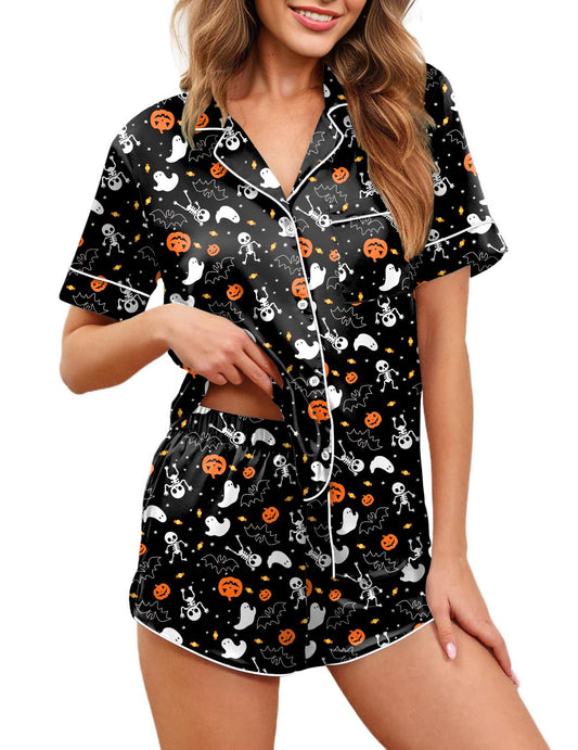 Ekouaer Womens Silk Satin Pajamas Set Short Sleeve Sleepwear Button Down Loungewear 2 Piece Pjs Shorts Set Black Halloween Print Large