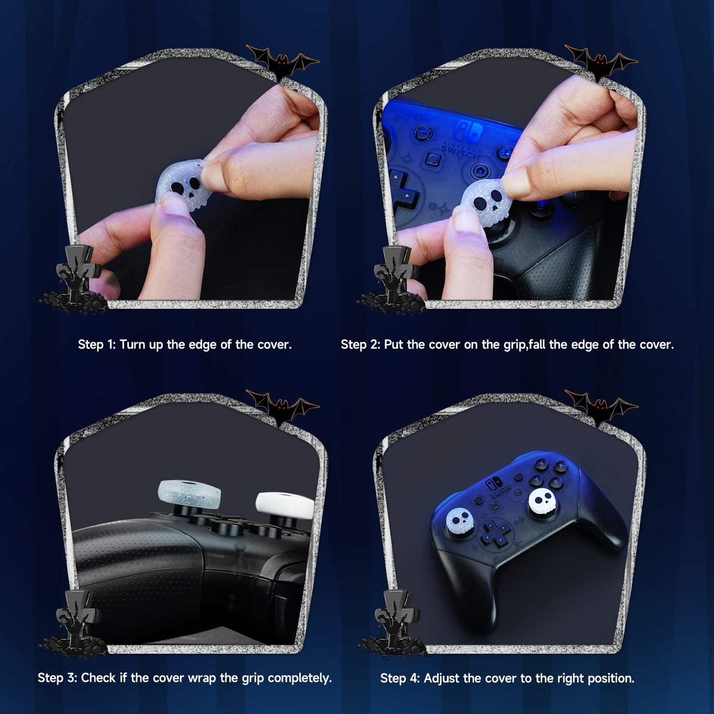 JINGDU Halloween Thumb Grip Caps for PS5/PS4, Switch Pro, Xbox Series X/S - Silicone Joystick Caps Cover, Game Controller Accessories, 4PCS Skull
