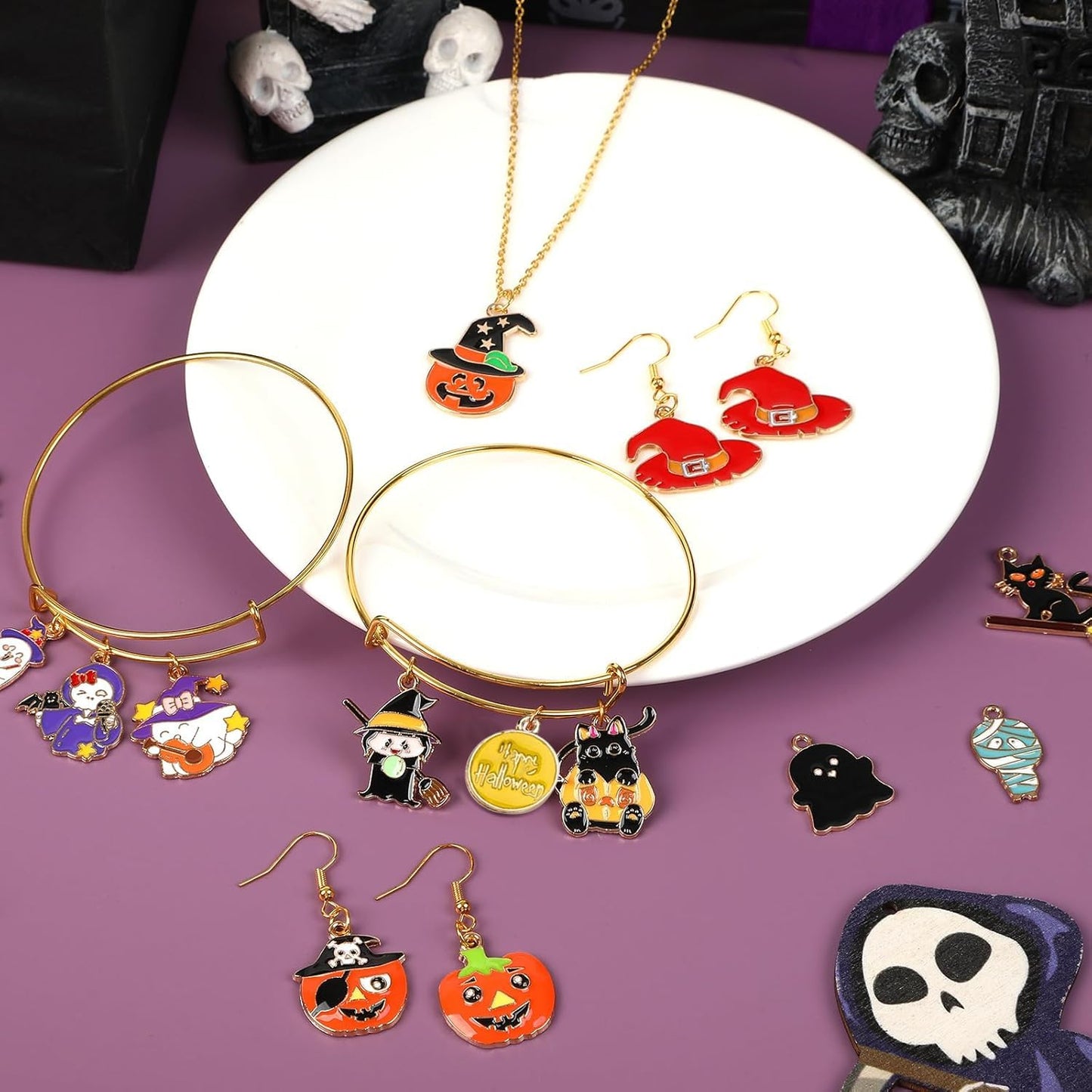 MARFOREVER 120 PCS Halloween Charms, Assorted Ghost Skeleton Bat Witch Pumpkin Skull Enamel Charm PendantsHalloween Charms for Jewelry Making Bracelet Necklace Earrings DIY Crafts Gifts