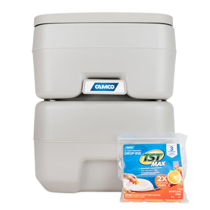 Camco 5.3-Gallon Portable Toilet - Features Detachable Holding Tank w/Sealing Slide Valve & Bellow-Type Flush - Easy Transport w/Compact Lightweight Design & Carry Handle - Gray (41541)