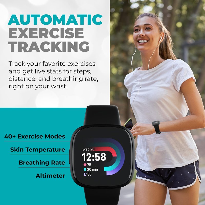 Fitbit Versa 4 Smartwatch (Bundle) – GPS Fitness Tracker, 40+ Exercise Modes, Heart Rate, Sleep, Workout for Android & iPhone + Fast Charger, 2 Silicone Bands, Protection Shields, Cleaning Cloth