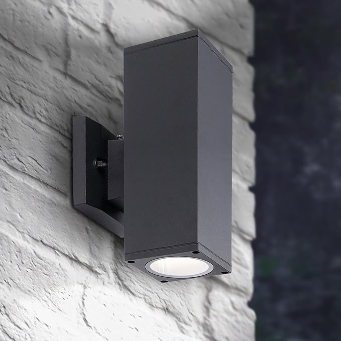 ASD 2 Light Square Dusk to Dawn Outdoor Wall Light Fixture | 120W E26 Socket 120V ETL Cylinder Up Down Lights | LED/CFL/Incandescent Bulb Exterior Wall Sconce | Front Door, Porch Patio | Black