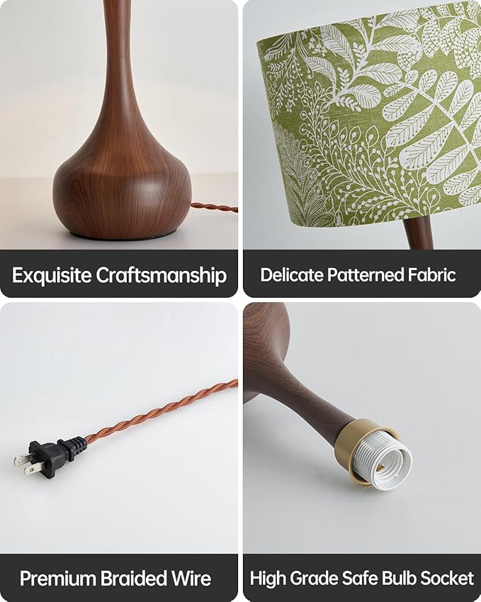 17" Modern Table Lamp Desk Lamp for Living Room Bedroom Home Office, Red Wood Pattern Farmhouse Nightstand Bedside Table Lamp with Green Fabric Shade