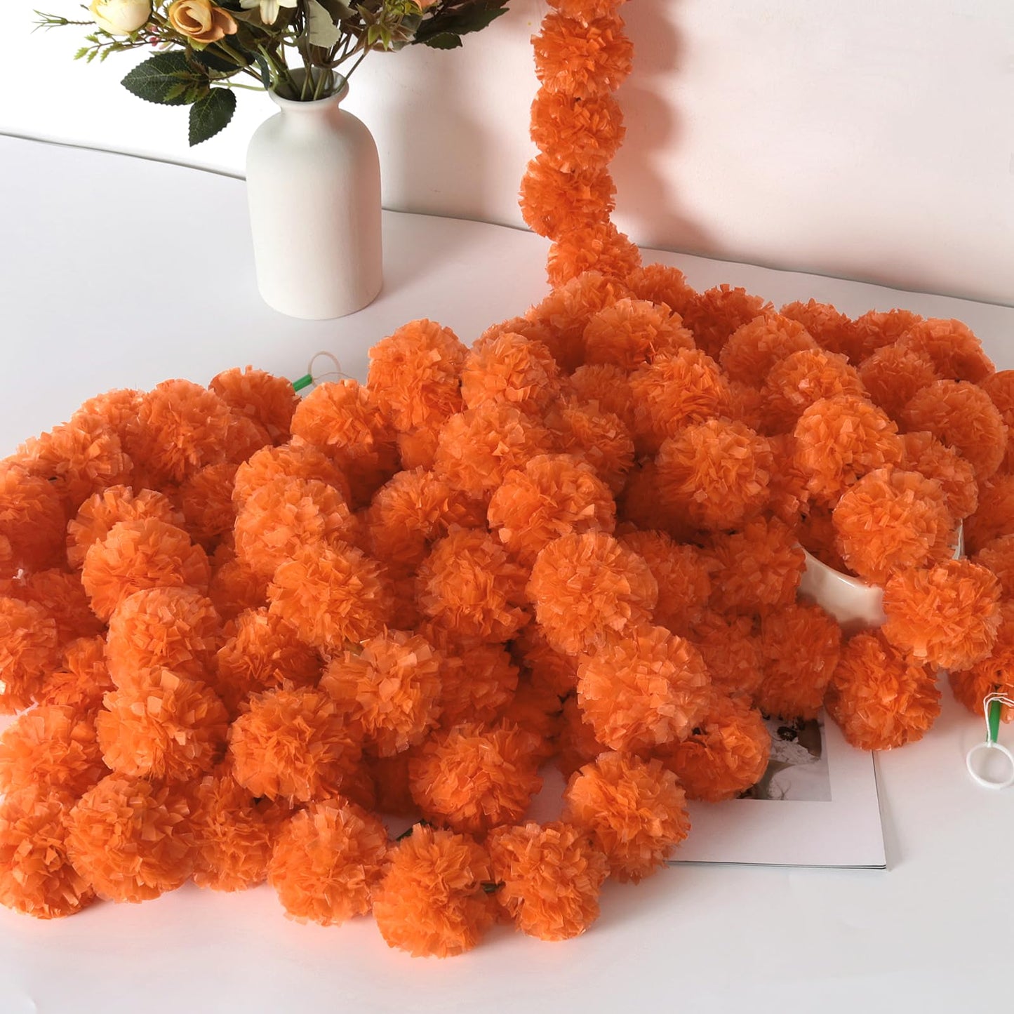 GOMALL 5Pcs Marigold Garland for Decoration,5 Feet Artificial Marigold Flowers Diwali Decorations for Home,Orange Artificial Marigold Heads for Diwali Party,Indian Weddings,Halloween,Wreath