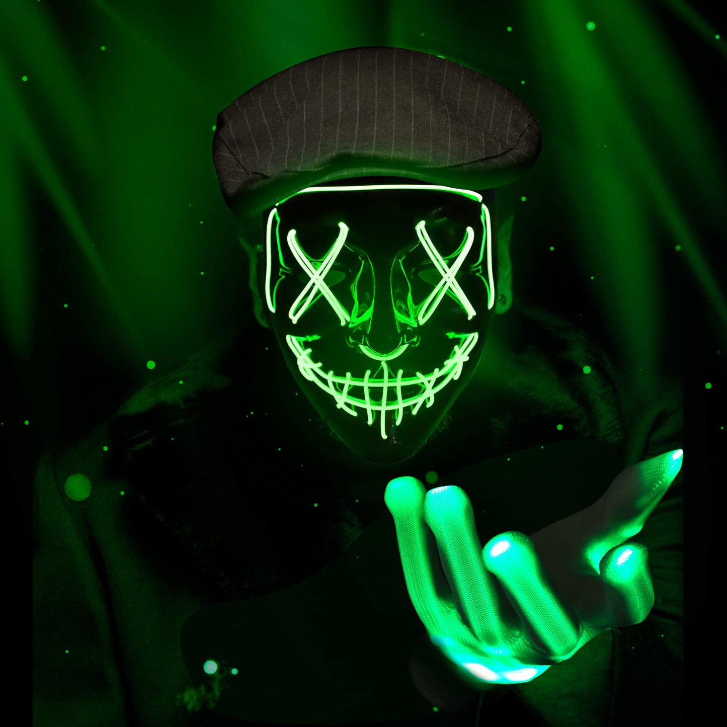 Max Fun Halloween Mask Glowing Gloves for Halloween Costume Cosplay Party Led Light Up Scary Masks for Halloween Party (Green)